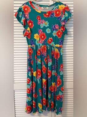 Teal Floral Midi Dress with Ruffle Sleeves